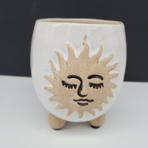 Ceramic Sun Face Planter Pot With Legs 6.25" High 4" Diameter - Picture 1 of 10
